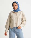 شومیز کراپ زنانه لینن مدل باکسی دو جیب کرم