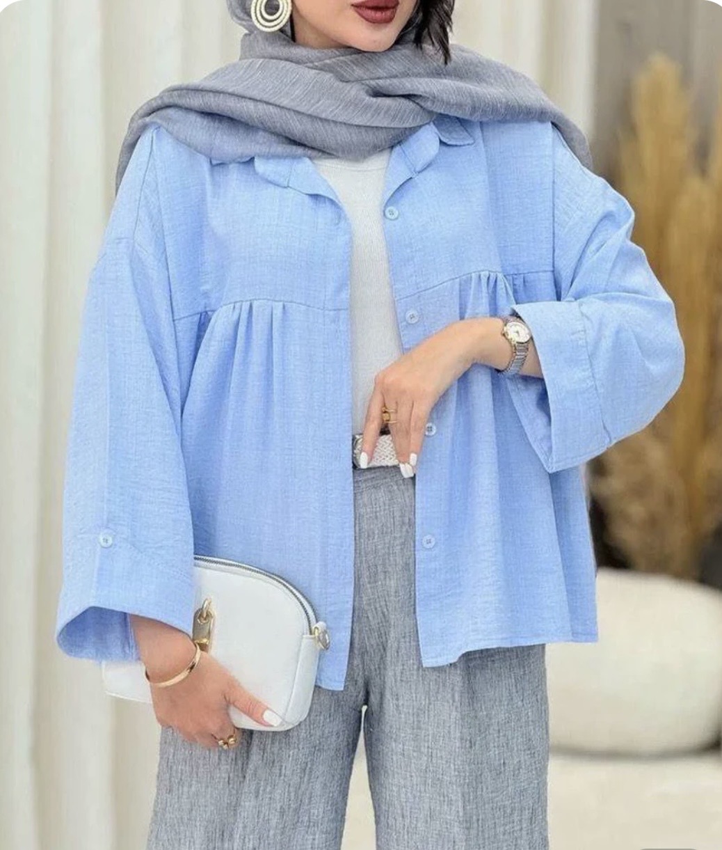 شومیز زنانه لینن مدل عروسکی ابی پاستلی