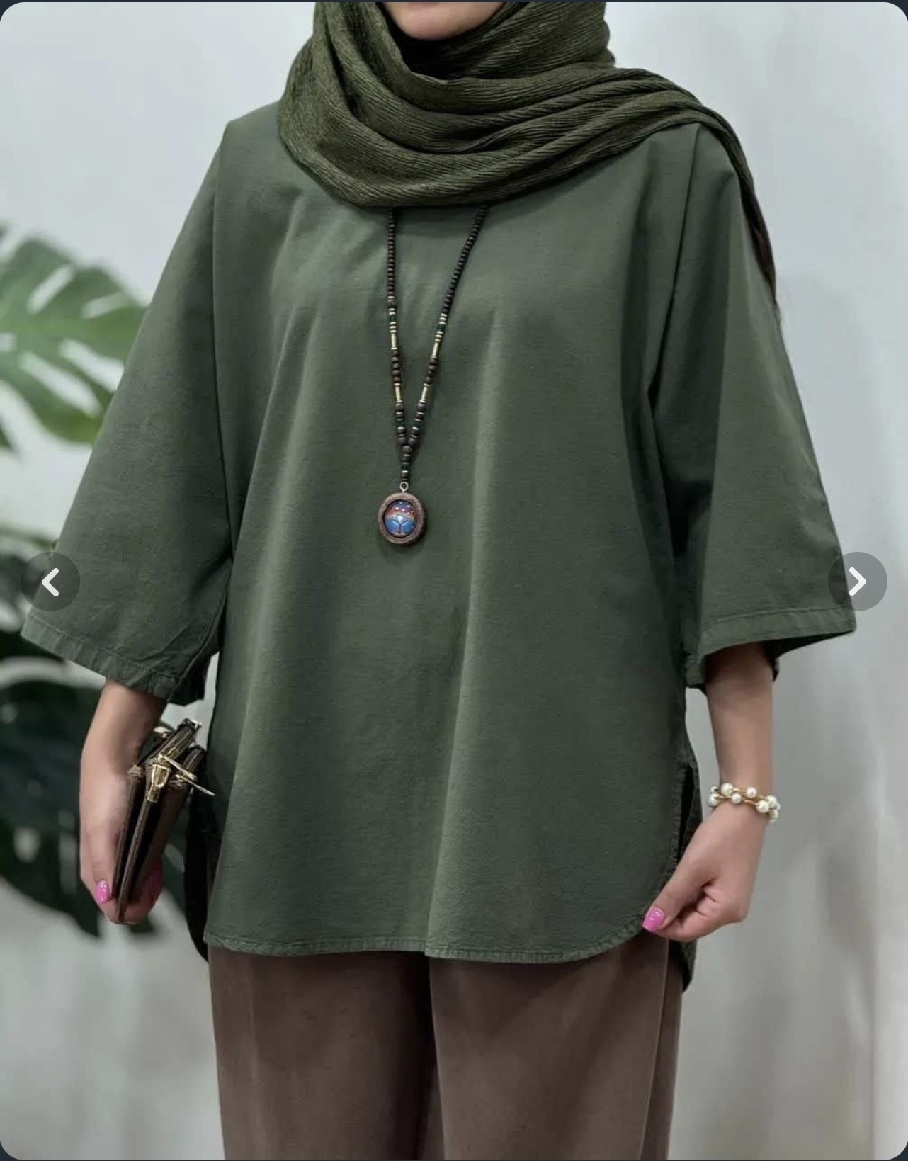 تونیک وشومیز زنانه لینن مدل جلو بسته سبز ارتشی